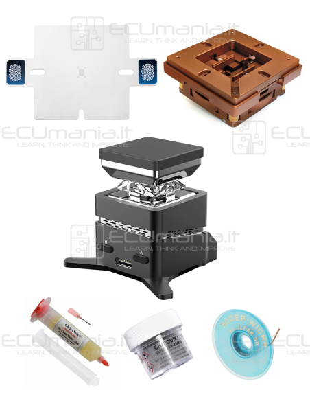 Kit completo per reballing dispositivi VFBGA63, pronto all'uso. Include anche materiale di consumo