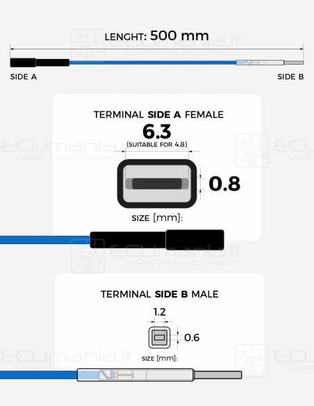 Interconnection Cable – MCP 6.3 / 4.8 × 0.8 mm Female to MCON 1.2 × 0.6 mm Male (Black Sleeve)