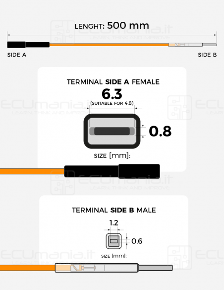 Interconnection Cable – MCP 6.3 / 4.8 × 0.8 mm Female to MCON 1.2 × 0.6 mm Male (Black Sleeve)