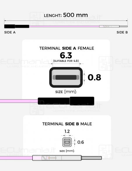 Interconnection Cable – MCP 6.3 / 4.8 × 0.8 mm Female to MCON 1.2 × 0.6 mm Male (Black Sleeve)