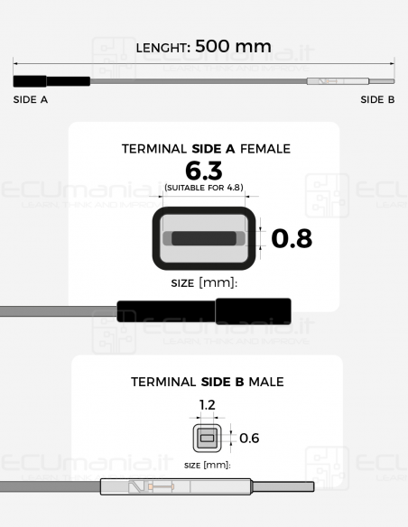 Interconnection Cable – MCP 6.3 / 4.8 × 0.8 mm Female to MCON 1.2 × 0.6 mm Male (Black Sleeve)