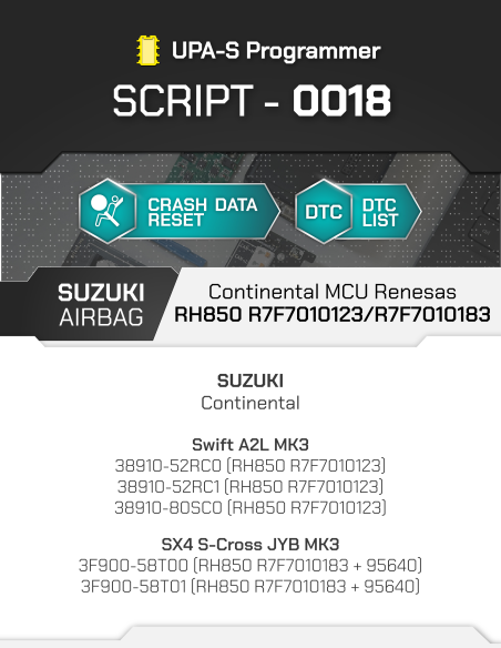 SCRIPT-0018 Airbag Reset Suzuki Continental MCU Renesas RH850 R7F7010123 / R7F7010183 for UPA-S Progammer