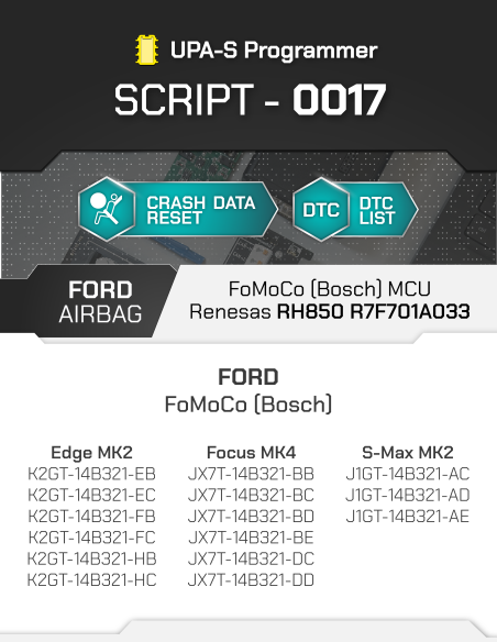 SCRIPT-0017 Airbag Reset Ford FoMoCo (Bosch) MCU Renesas RH850 R7F701A033 for UPA-S Progammer