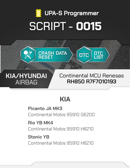 SCRIPT-0015 Airbag Reset Kia/Hyundai Continental Mobis MCU Renesas RH850 R7F7010193 W/E2P 95xxx for UPA-S Progammer