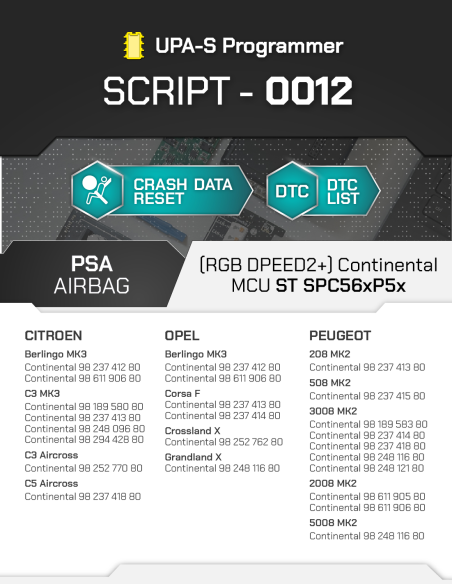 SCRIPT-0012 PSA Airbag Reset Continental SPC560 / SPC56AP54 | UPA-S Script