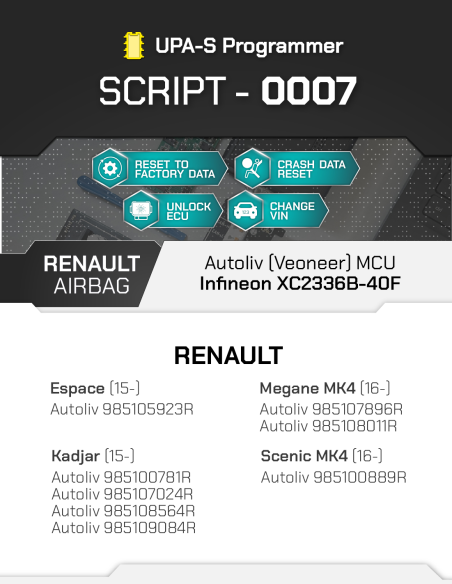 SCRIPT-0007 RENAULT Autoliv (Veoneer) MCU Infineon XC2336B-40F per Programmatore UPA-S, Licenza 1 YEAR