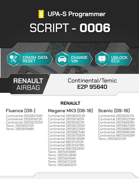 SCRIPT-0006 RENAULT Continental / Temic E2P 95640 per Programmatore UPA-S, Licenza 1 YEAR