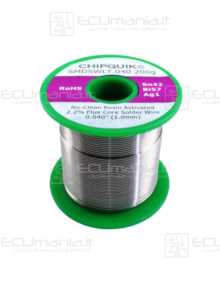 Bobina in lega di Stagno/Bismuto/Argento SLD-SNW-004-LF, Sn42Bi57Ag1, Lead Free, RA 2.2%, Ø 1.0mm, 200g, LowTemp