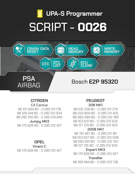 SCRIPT-0026 Airbag PSA Bosch E2P 95320 for UPA-S Programmer