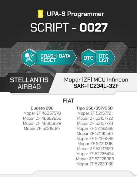 SCRIPT-0027 Airbag Stellantis / FCA Mopar Continental MCU Infineon TC233LP-32F for UPA-S Programmer