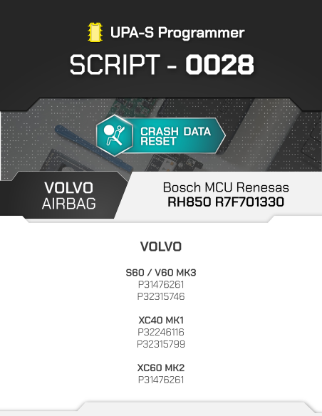 SCRIPT-0028 Airbag Volvo Bosch MCU Renesas RH850 R7F701330 for UPA-S Programmer