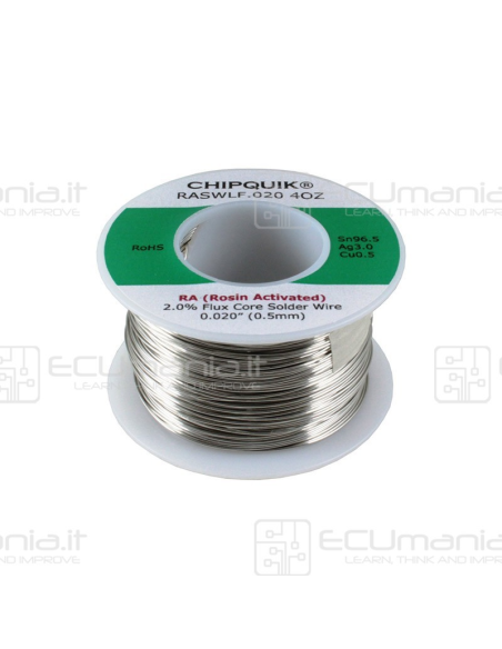 Bobina in lega di Stagno SLD-SNW-001-LF, Sn96.5Ag3Cu0.5, Lead Free, RA 2.0%, diametro 0.5mm, 113.5g