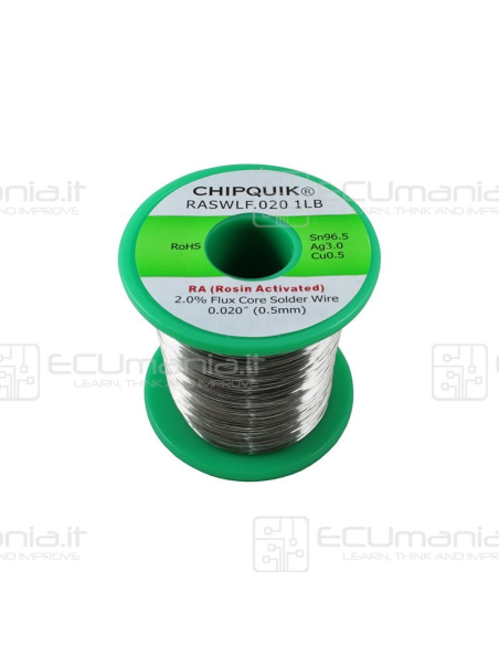 Bobina in lega di Stagno/Argento/Rame SLD-SNW-003-LF, Sn96.5Ag3Cu0.5, Lead Free, RA 2.2%, Ø 0.5mm, 454g